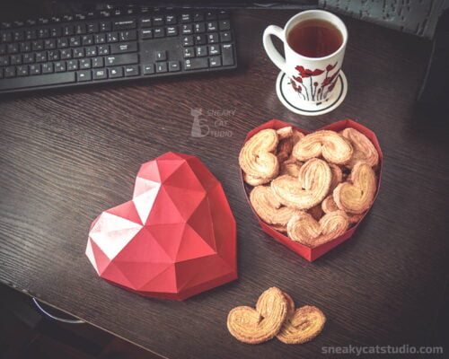 Paper Heart Box with cookies on the table top view