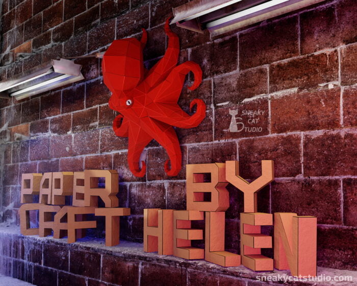 Polygonal Red Octopus on the wall with letters