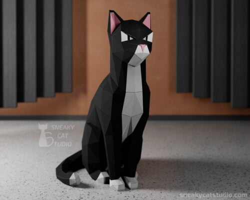 Low poly Black Harsh Cat on the floor main view
