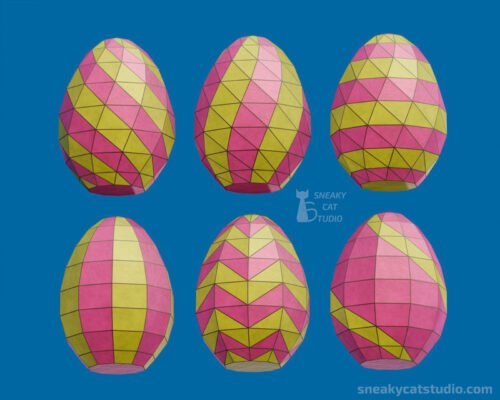6 standing paper Easter eggs with different patterns on a blue background main view