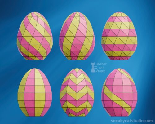 6 standing paper Easter eggs with different patterns on a blue background front view