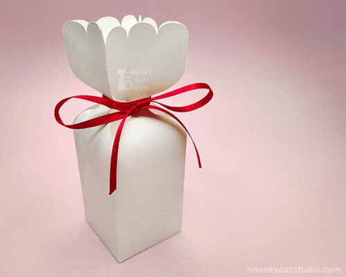 Simple white box with red ribbon on a pink background