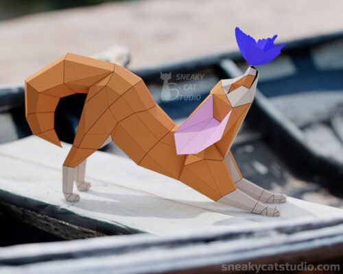 Polygonal Fennec Fox with butterfly in a boat front view