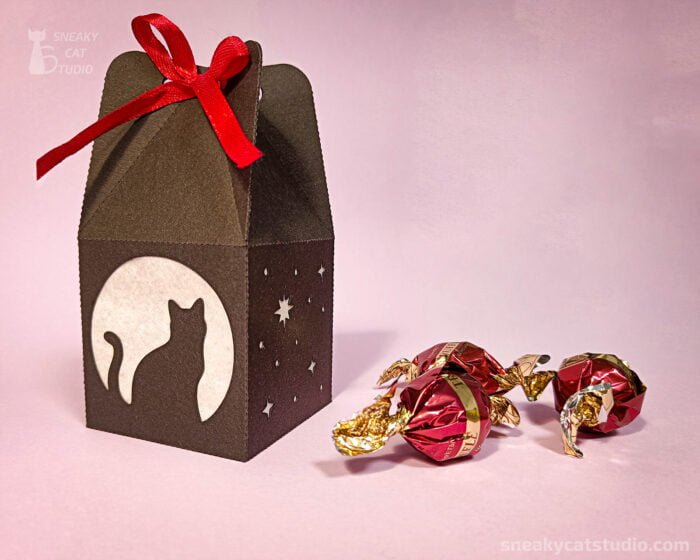 Paper black box with cat, moon and stars pattern with sweets on pink background main view