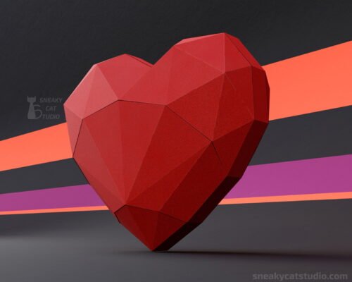 Polygonal Symmetric Red Heart on a striped background side view