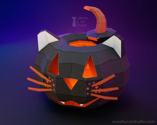 Geometric paper Pumpkin Cat candlestick on a dark background