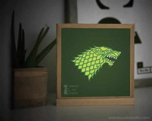 WolfPaper layered shadow box Wolf with green light on the table