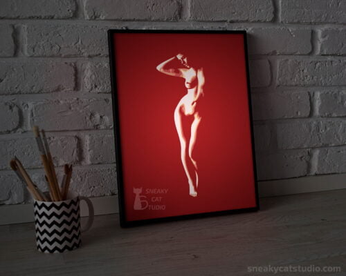 Paper layered shadow box Sexy woman with red light on the table
