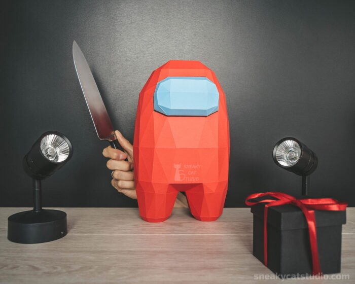 Red Among Us Imposter Astronaut with decor and knife at the table on a dark background front view
