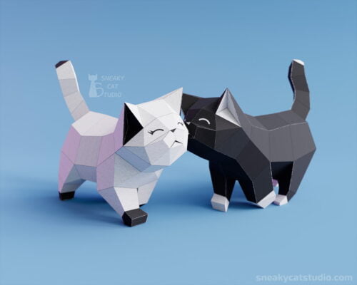 Polygonal white and black cats on a blue background main view