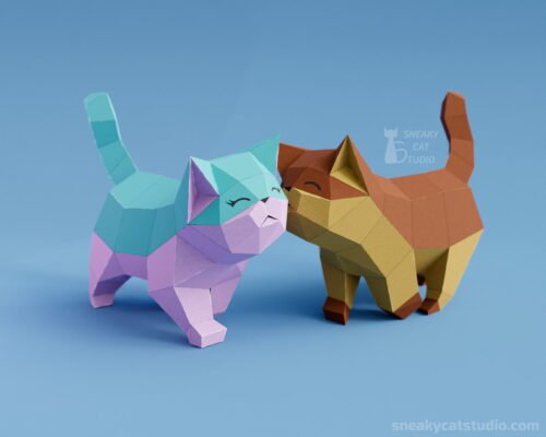 Polygonal color cats on a blue background front view